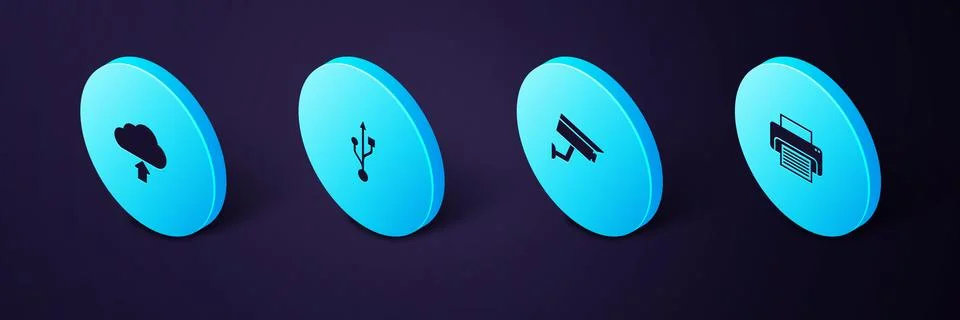 Set Isometric Printer, Security camera, USB and Cloud upload icon. Vector 스톡 일러스트