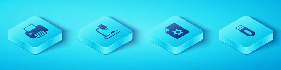 Set Isometric Printer, Table lamp, USB flash drive and Document settings icon Stock Illustration