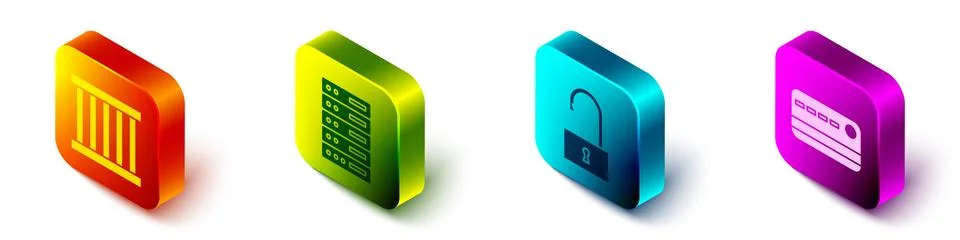 Set Isometric Prison window, Server, Data, Web Hosting, Open padlock and Credit Stock Illustration