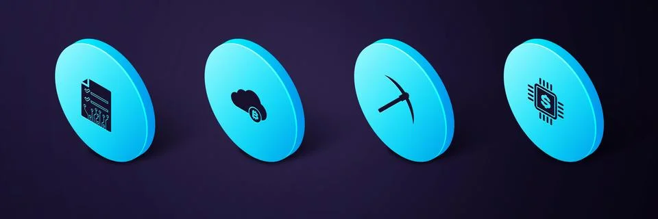 Set Isometric Processor chip with dollar, Pickaxe, Cryptocurrency cloud mining Stock Illustration
