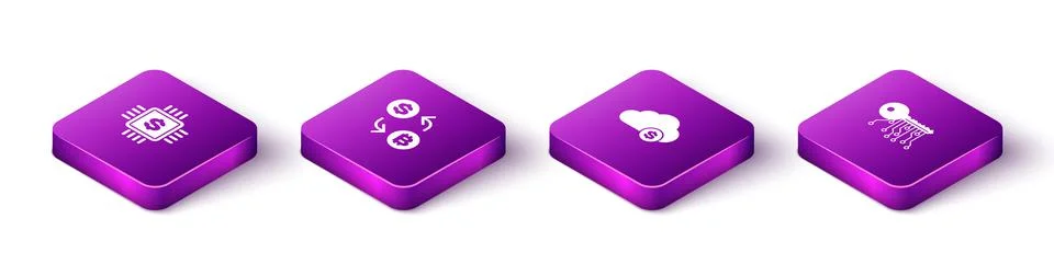Set Isometric Processor chip with dollar, Cryptocurrency exchange, cloud mining Illustrazione stock
