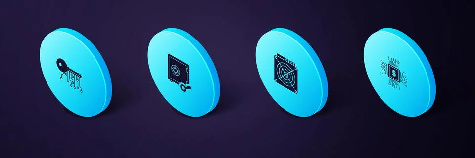 Set Isometric Processor chip with dollar, ASIC Miner, Proof of stake and Cryp イラスト素材