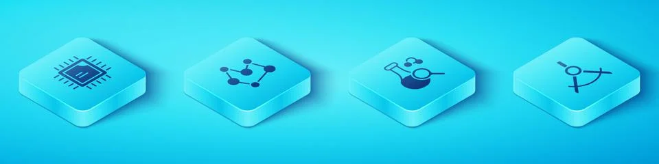 Set Isometric Processor CPU, Chemical formula, Drawing compass and Test tube 库存插图