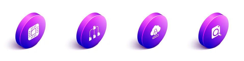 Set Isometric Processor with CPU, Folder tree, Cloud computing lock and Searc Stock Illustration