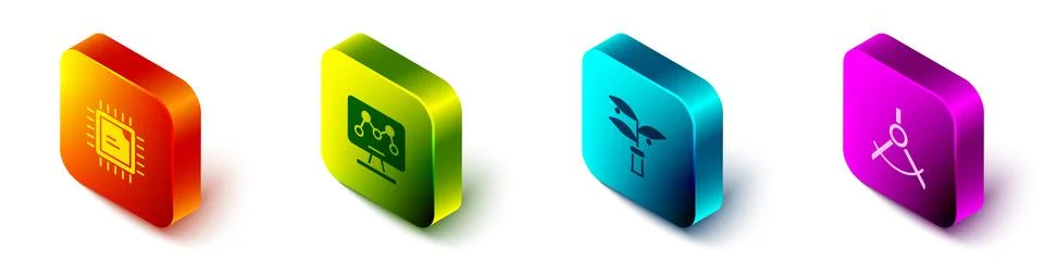 Set Isometric Processor CPU, Genetic engineering, Plant breeding and Drawing 스톡 일러스트