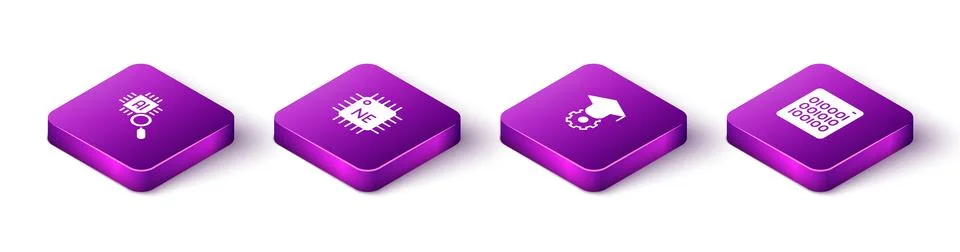 Set Isometric Processor CPU, Graduation cap and Binary code icon. Vector Stock Illustration