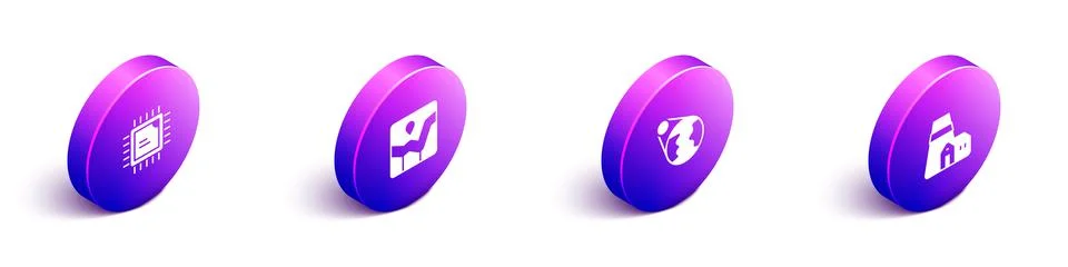 Set Isometric Processor CPU, Graph chart infographic, Earth globe and Power Stock Illustration