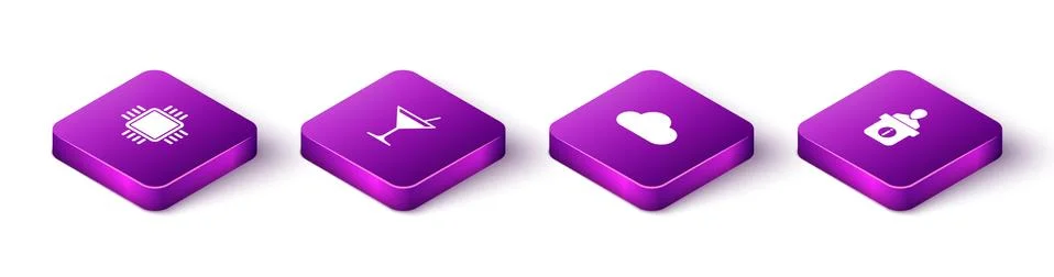 Set Isometric Processor with CPU, Martini glass, Cloud and Information desk icon Illustrazione stock