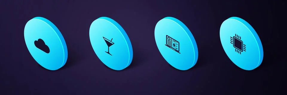 Set Isometric Processor with CPU, Medical clinical record, Martini glass and Stock Illustration