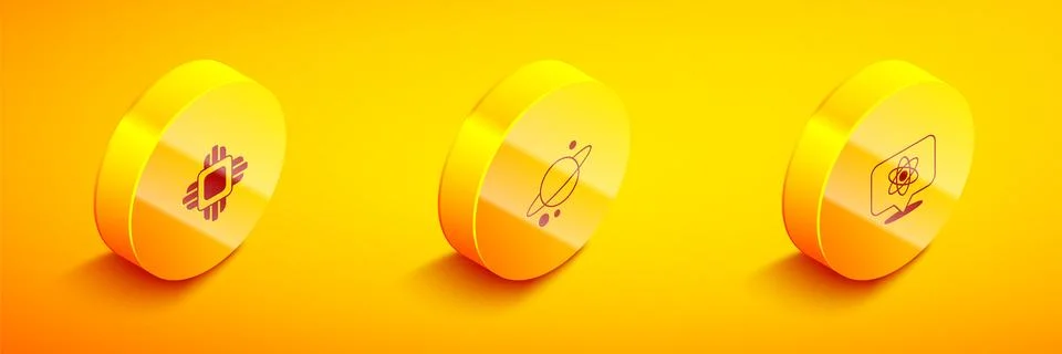 Set Isometric Processor CPU, Planet Saturn and Atom icon. Vector Stock Illustration