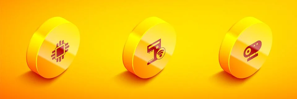 Set Isometric Processor with CPU, Smart coffee machine and Web camera icon Stock Illustration
