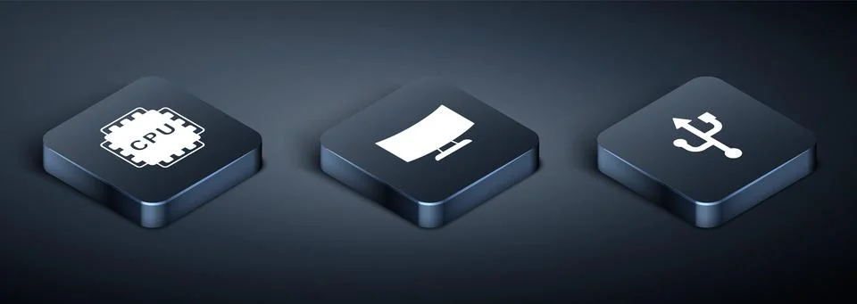 Set Isometric Processor with CPU, USB and Computer monitor screen icon. Vector Illustrazione stock