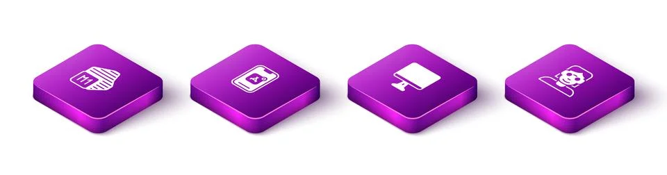 Set Isometric Processor, Mobile Apps, Computer monitor screen and Hacker coder Stock Illustration