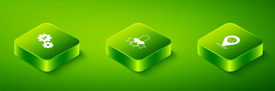 Set Isometric Productive human, Worker location and Human with gear icon. Vector Illustrazione stock