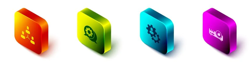 Set Isometric Project team base, Speech bubble chat, Head hunting and Media Stock Illustration