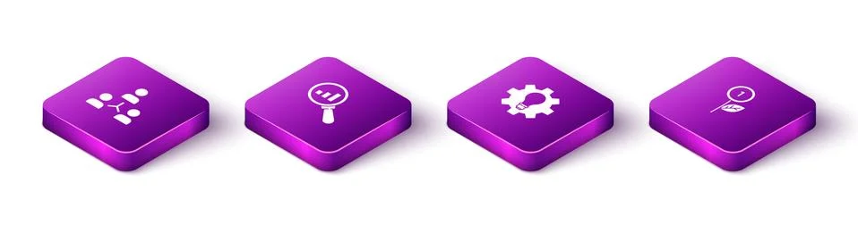 Set Isometric Project team base, Magnifying glass and analysis, Light bulb gear Stock Illustration
