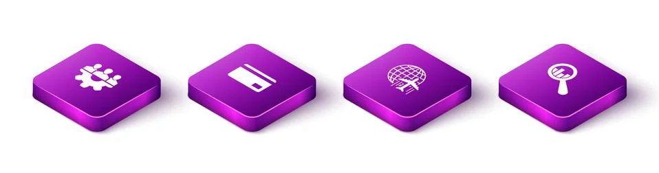 Set Isometric Project team base, Credit card, Globe with flying plane and Stock Illustration