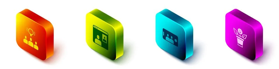 Set Isometric Project team base, Video chat conference, Selfie mobile and BFF or Illustrazione stock