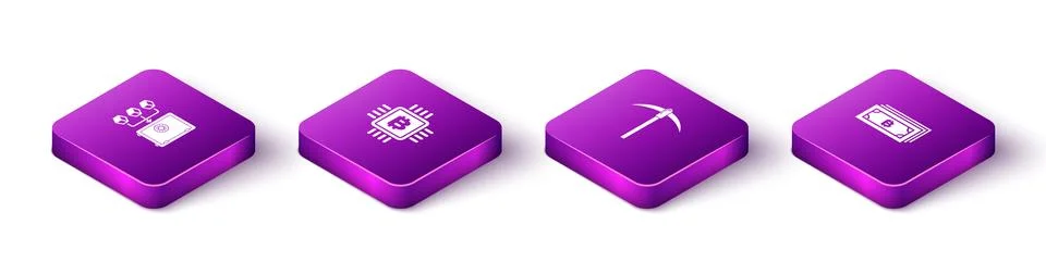 Set Isometric Proof of stake, CPU mining farm, Pickaxe and Cryptocurrency bit Illustrazione stock