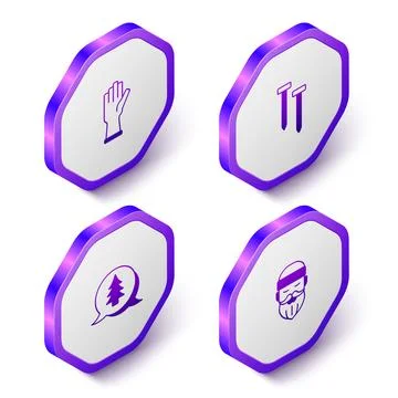 Set Isometric Protective gloves, Metallic nails, Tree and Lumberjack icon Stock Illustration