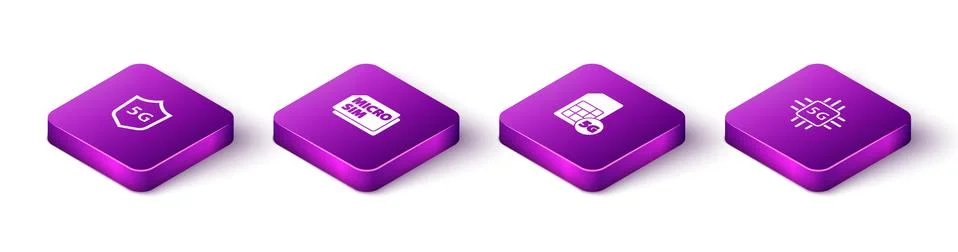 Set Isometric Protective shield 5G, Micro Sim Card, and Processor icon. Vector Stock Illustration