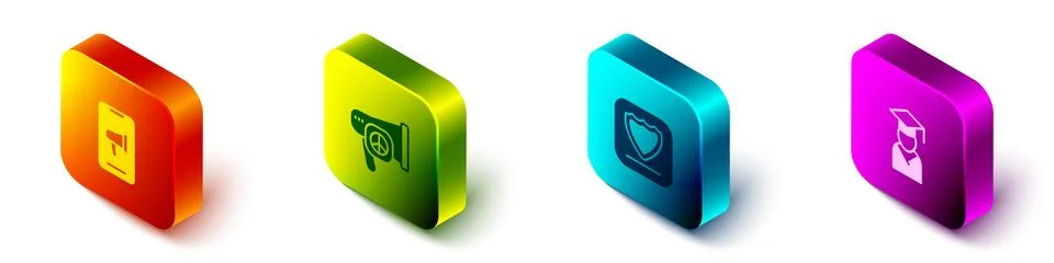 Set Isometric Protest, Peace, Shield and Graduate and graduation cap icon. .. Stock Illustration