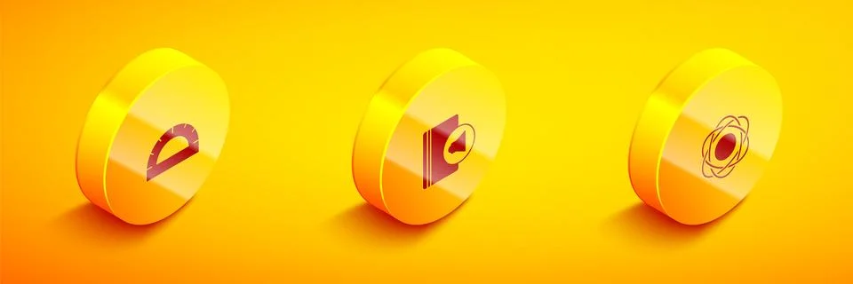 Set Isometric Protractor grid, Audio book and Atom icon. Vector Stock Illustration