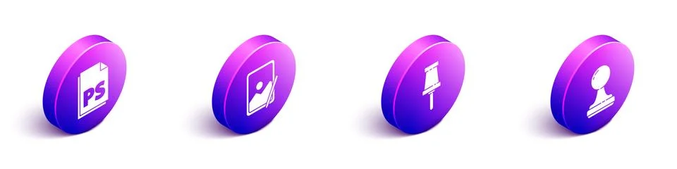 Set Isometric PS File document, Graphic tablet, Push pin and Stamp icon. Vector Stock Illustration