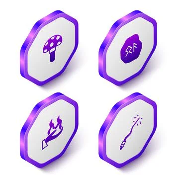 Set Isometric Psilocybin mushroom, Magic runes, Hand holding fire and wand icon Stock Illustration