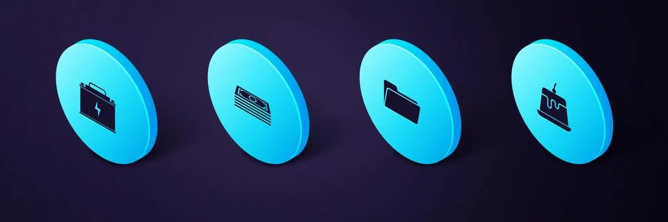 Set Isometric Pudding custard, Folder, Stacks paper money cash and Car battery Stock Illustration