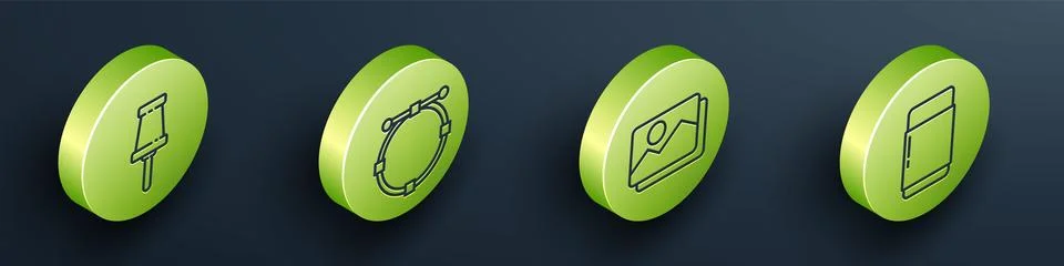 Set Isometric Push pin, Circle with Bezier curve, Picture landscape and Era.. Stock Illustration