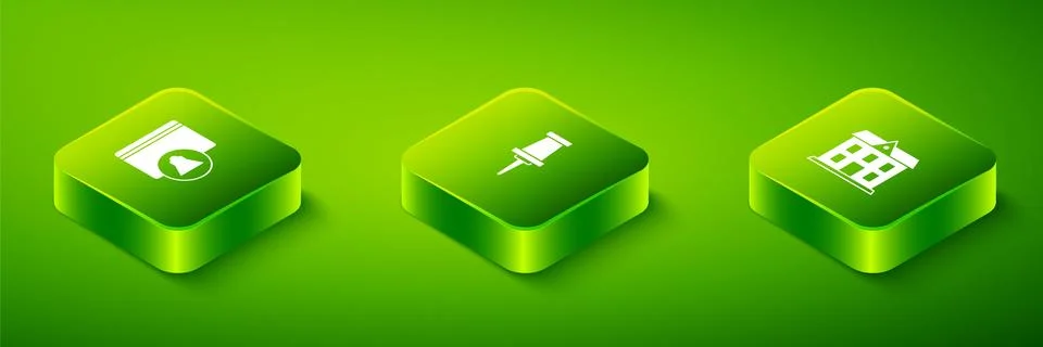 Set Isometric Push pin, School building and Audio book icon. Vector Ilustración de archivo