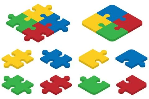 Set of Isometric puzzle pieces. Concept of teamwork, communication, problem.. 스톡 일러스트