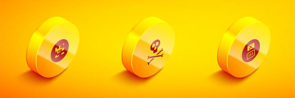 Set Isometric QR code, Bones and skull warning and Temperature wash icon. Vector Illustrazione stock