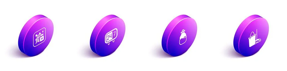 Set Isometric QR code, Clock 24 hours, Spice in can and Mop and bucket icon 스톡 일러스트