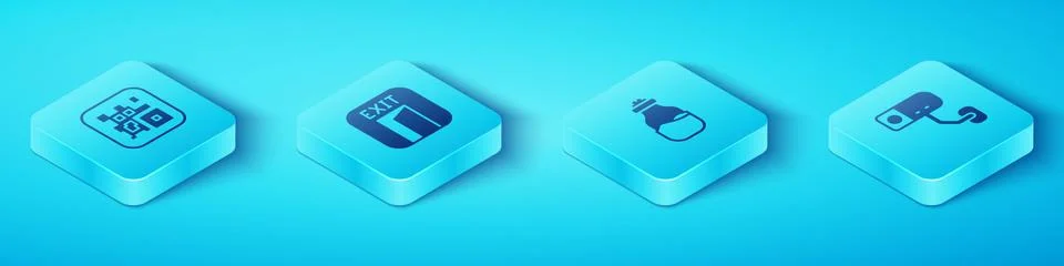 Set Isometric QR code, Fire exit, Security camera and Spice in can icon. Vector Illustrazione stock