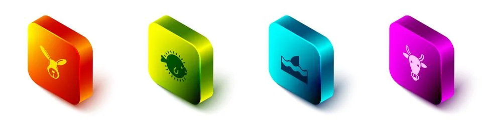 Set Isometric Rabbit head, Puffer fish, Shark fin in ocean wave and Cow icon Stock Illustration
