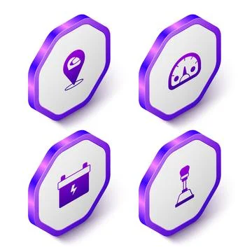 Set Isometric Racing helmet, Speedometer, Car battery and Gear shifter icon Stock Illustration