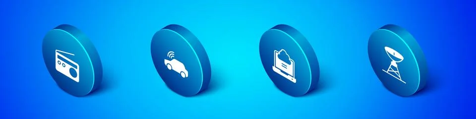 Set Isometric Radio, Network cloud connection, Satellite dish and Smart car 스톡 일러스트