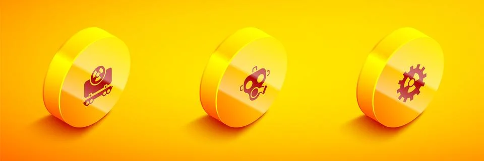 Set Isometric Radioactive cargo train, Gas mask and icon. Vector Stock Illustration