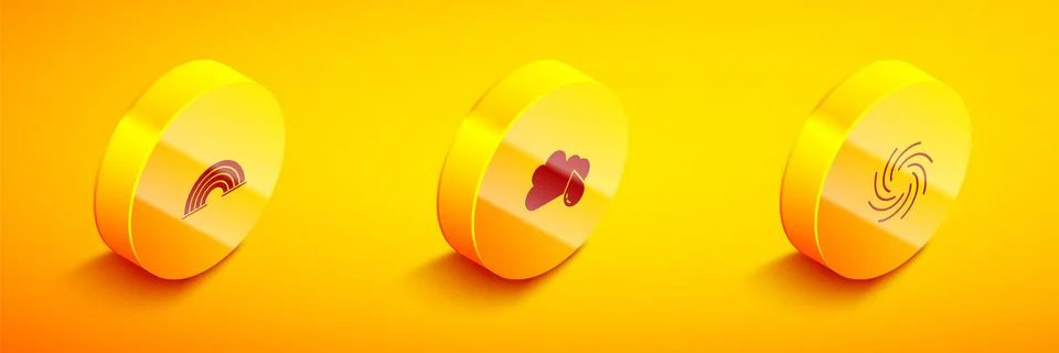 Set Isometric Rainbow, Cloud with rain and Tornado icon. Vector Illustrazione stock