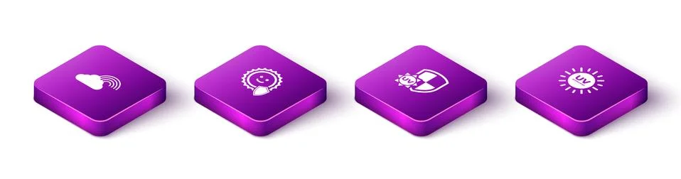 Set Isometric Rainbow with cloud, UV protection, and icon. Vector Stock Illustration