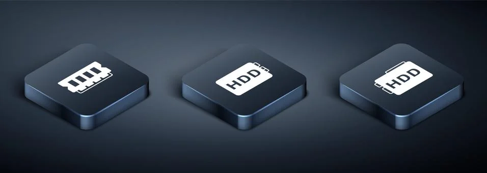 Set Isometric RAM, random access memory, Hard disk drive HDD and icon. Vector Illustrazione stock