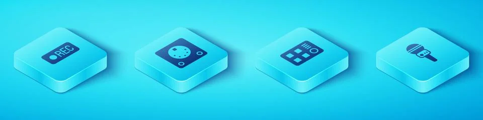 Set Isometric Record button, Drum machine, Microphone and icon. Vector Stock Illustration