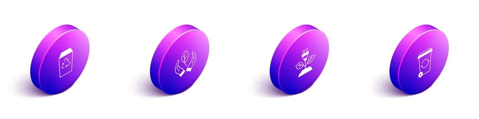 Set Isometric Recycle bin, Leaf hand, Electric saving plug leaf and icon. Vector Stock Illustration
