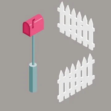 Set of isometric red mail box and white fences for suburban house illustratio Stock Illustration