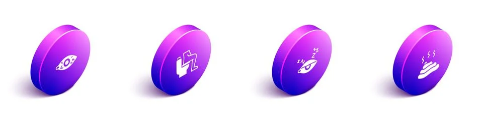 Set Isometric Reddish eye, Constipation, Insomnia and Shit icon. Vector Stock Illustration
