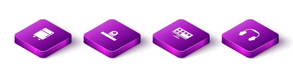 Set Isometric Refrigerator, Security camera, Smart Tv and Headphones icon Stock Illustration