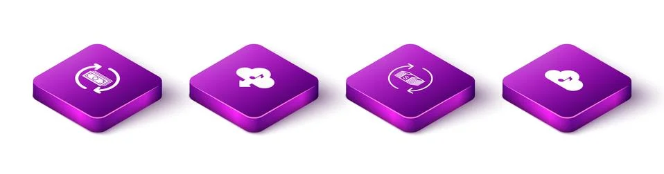 Set Isometric Refund money, Cloud download music, and Music streaming service Stock Illustration