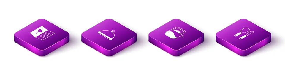 Set Isometric Restaurant cafe menu, Covered with tray, Kettle handle and Knife Illustration